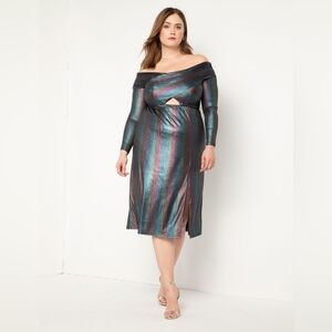 ELOQUII Rainbow Metallic Cross-Bodice Off Shoulder Skater Midi Dress